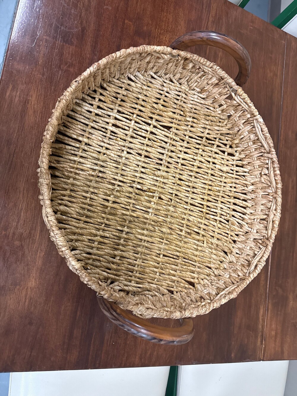 Round Woven Basket with Wooden Handles Natural Fiber Storage Decor
